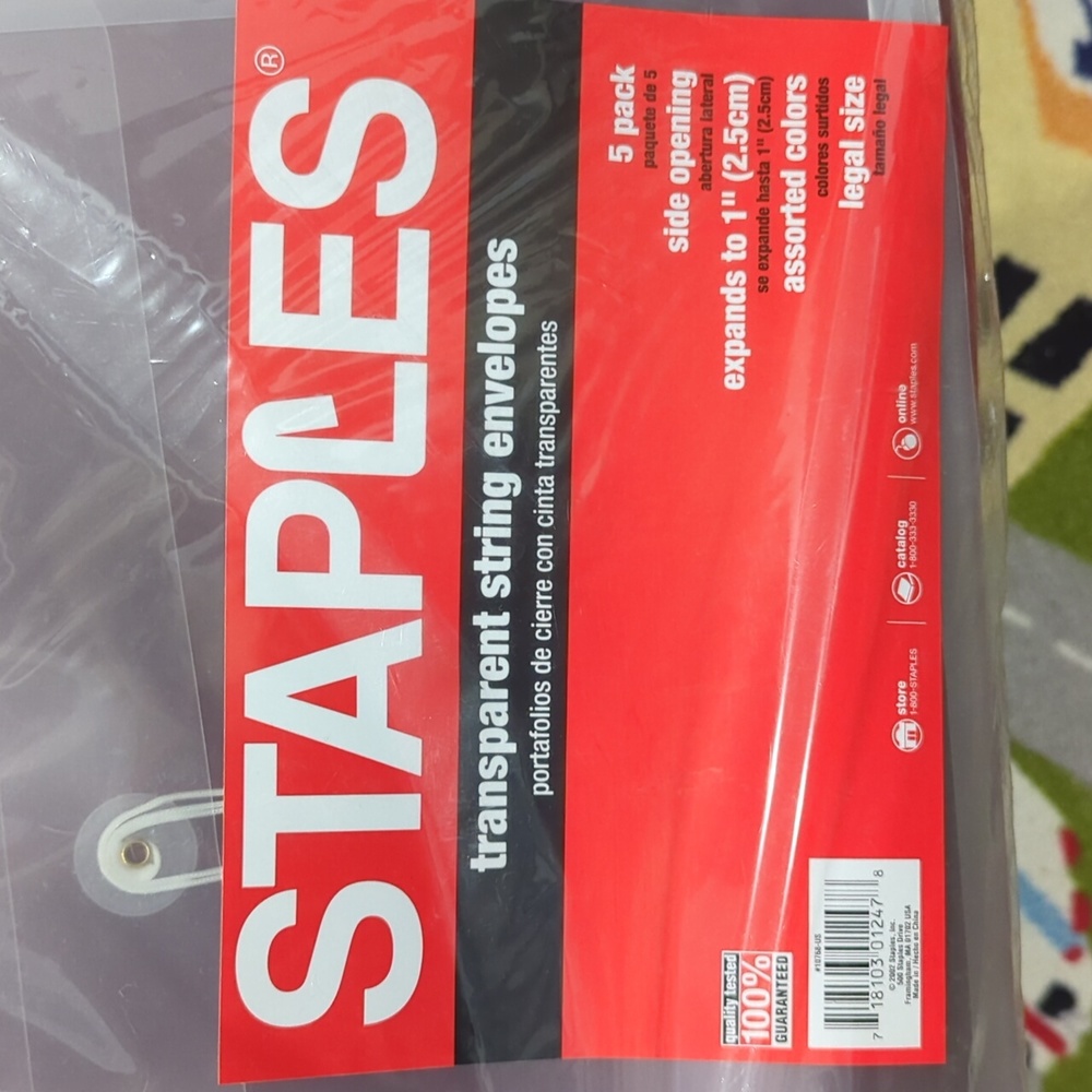 5 pack of Staples brand transparent string envelopes legal size. New unopened.